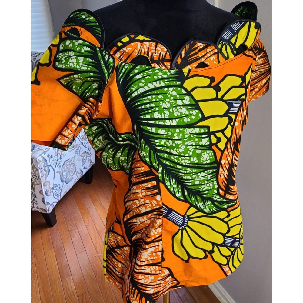 Women's Homemade African Floral Ankara Print Off The Shoulder Scallop‎ Neck Top